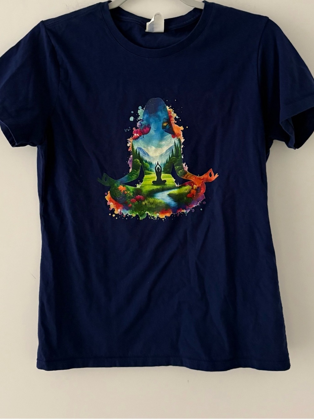 Navy blue short sleeve T-shirt with yogi in meditative pose 100% cotton
